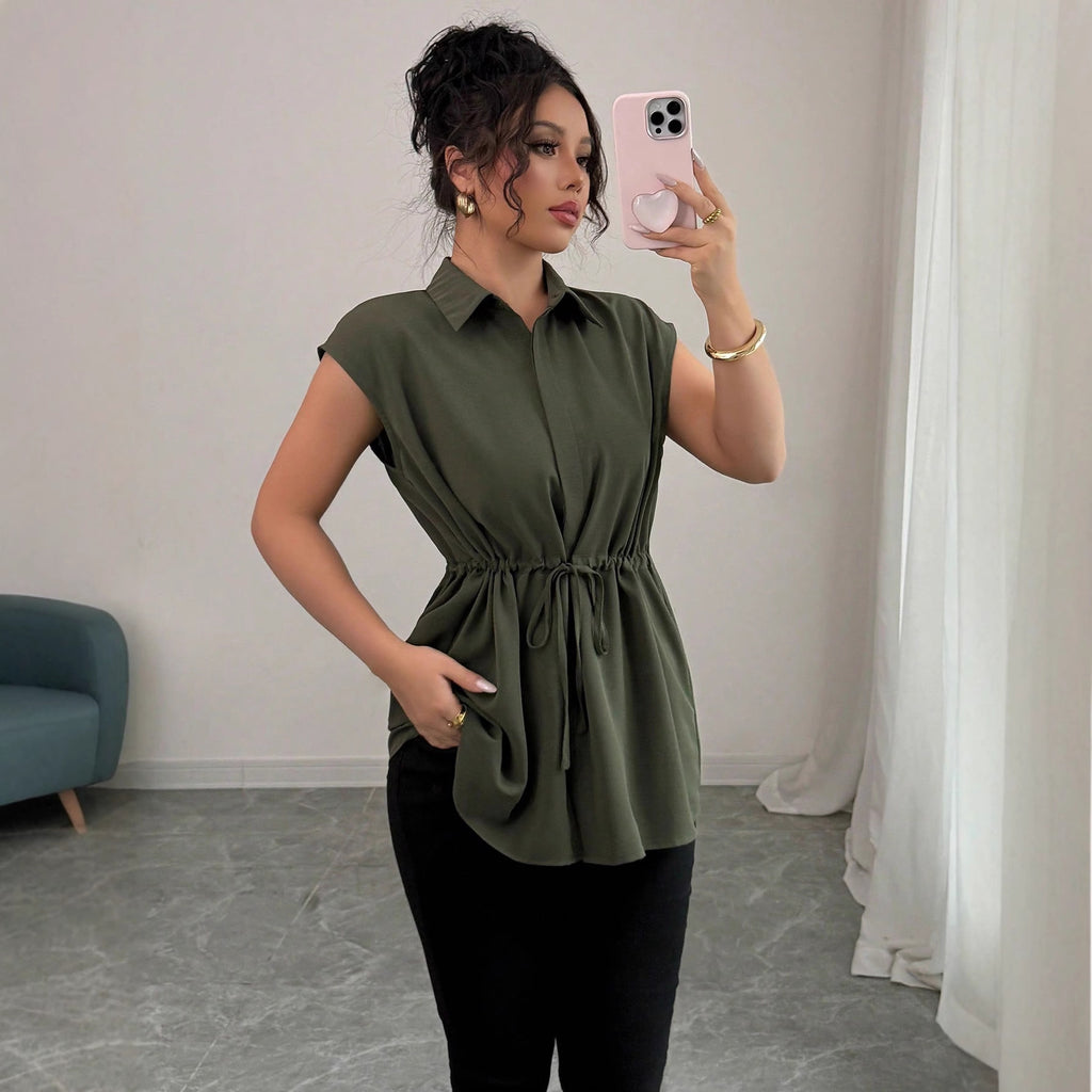 Women's Loose Waist Single Breasted Solid Color Polo Collar Women Short Sleeved Coat