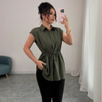 Women's Loose Waist Single Breasted Solid Color Polo Collar Women Short Sleeved Coat