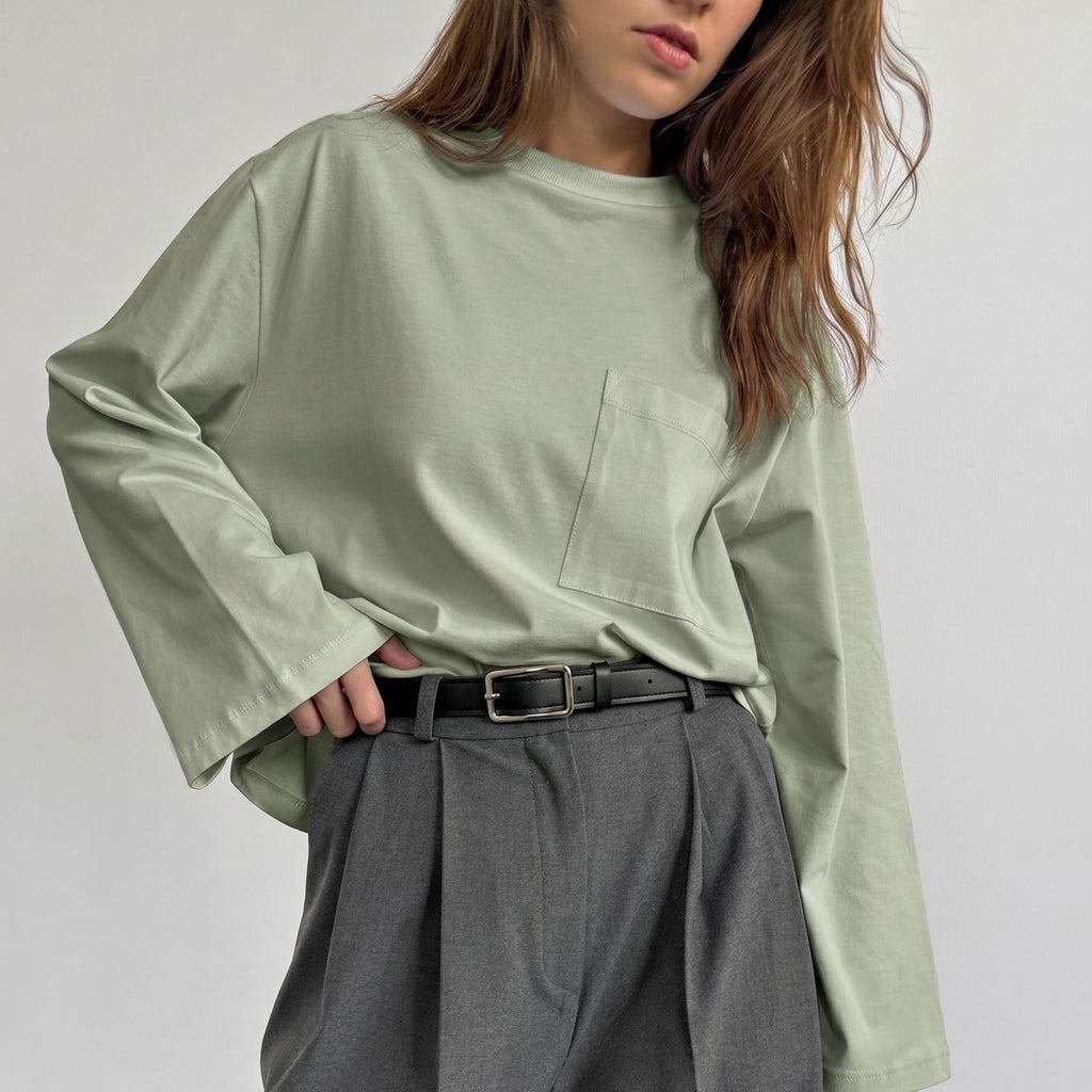 Women's Cotton Pocket Crew Neck Long Sleeve Top