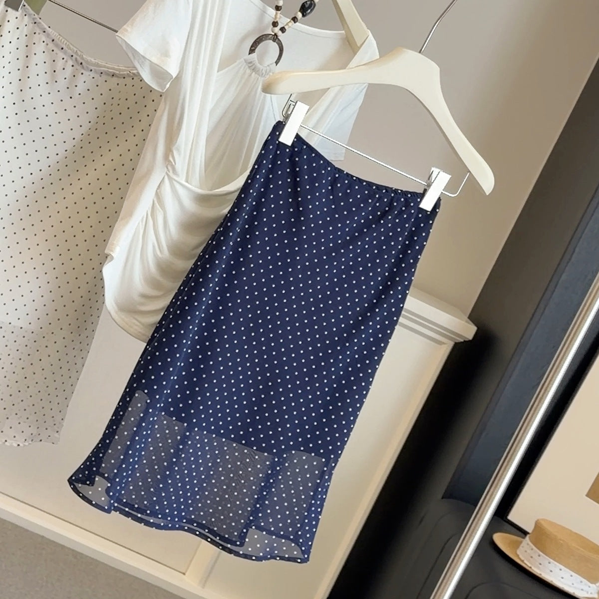 Purplish Blue Polka-Dot Mesh High-Waist A-Line Midi Skirt