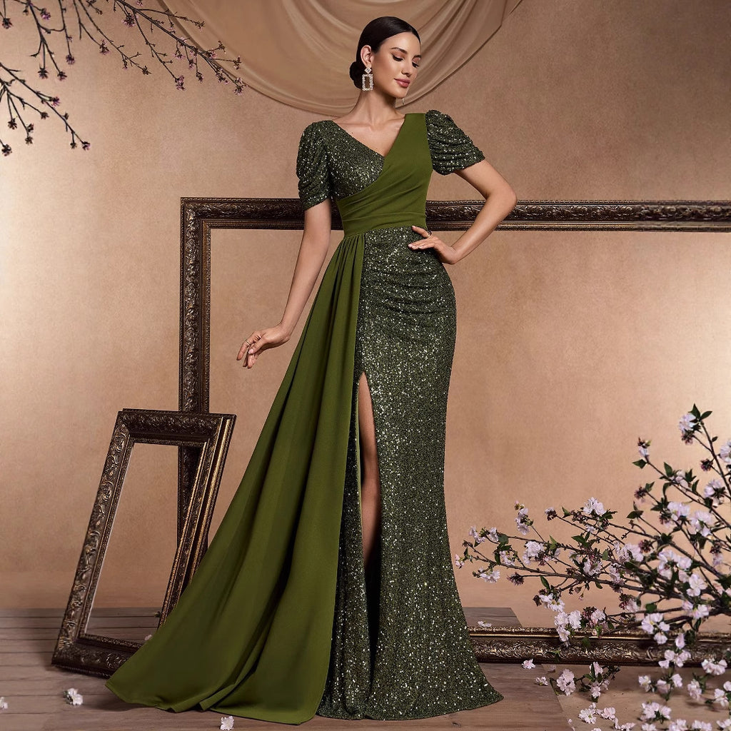 Elegant Sequin Patchwork Fitted V Neck Short Sleeve Chic Glamorous Regal Formal Evening Gown For Cocktail Parties Banquets