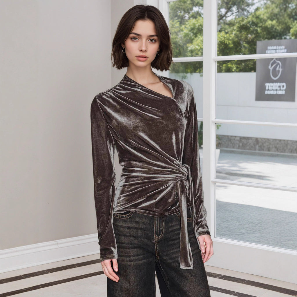 Women's Half Open Collar Long Sleeved Bottoming Shirt Women Twist Lace Up Slim Fit Pleuche Top
