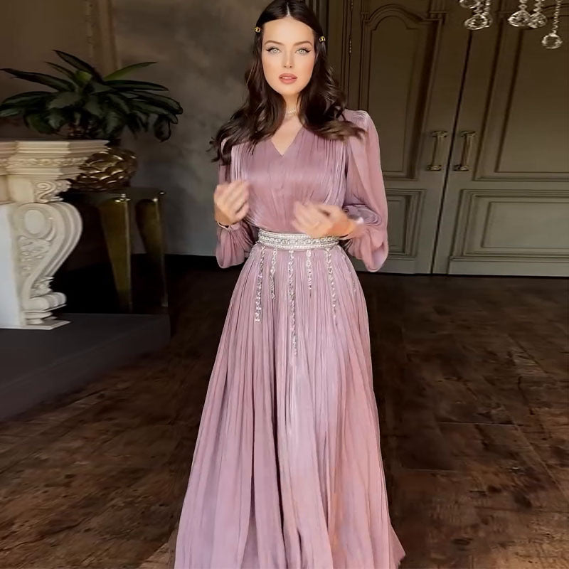 Women's Fuchsia V-Neck Tulle Long Sleeve Dress