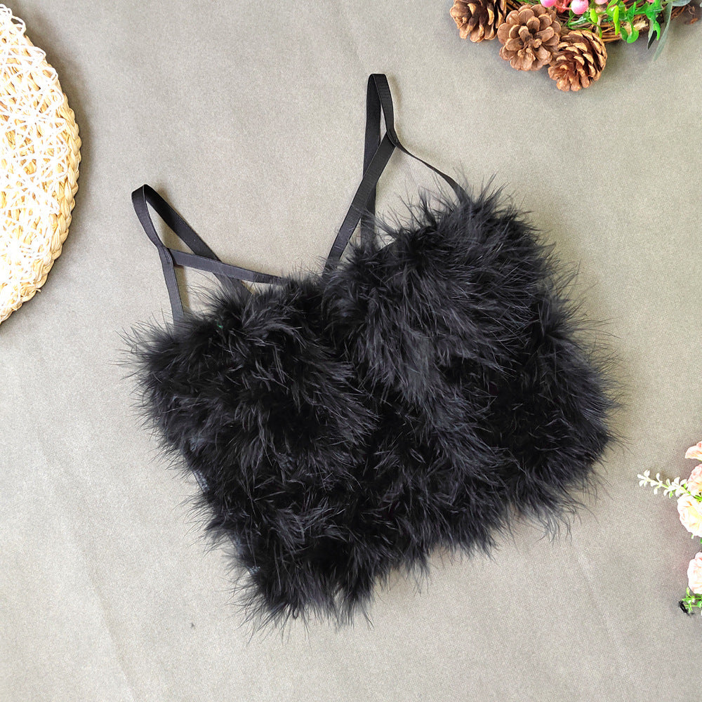 's Ostrich Feather Stitching Leather Spaghetti Straps Outerwear