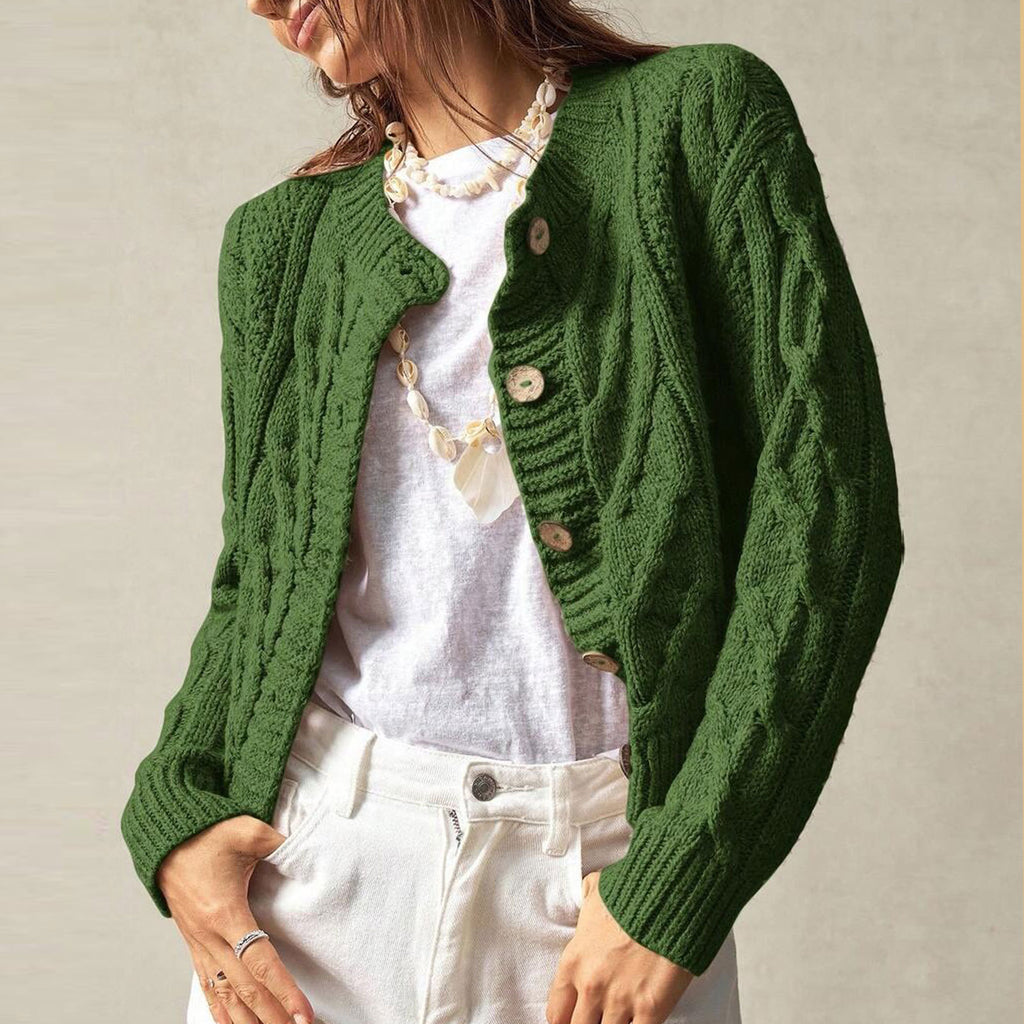 Green twist-knit cropped cardigan with round neck, button front, long sleeves