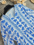 Summer Bohemian Printed Dress V Neck Long Sleeve Vacation Beach