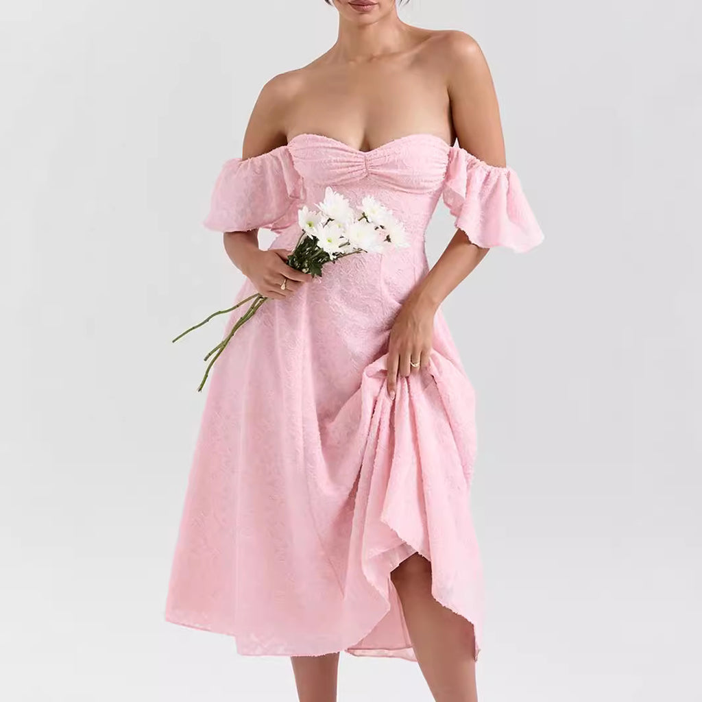 Pink Sweetheart Ruched Short-Sleeve A-Line Midi Dress