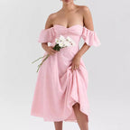 Pink Sweetheart Ruched Short-Sleeve A-Line Midi Dress