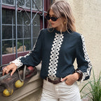 Women's Stitching Lace Collared Blouse Autumn Winter Retro Loose Back Cutout Contrast Color Long Sleeves Shirt