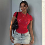 Women's Sheer Lace Crew Neck Short Sleeve Top