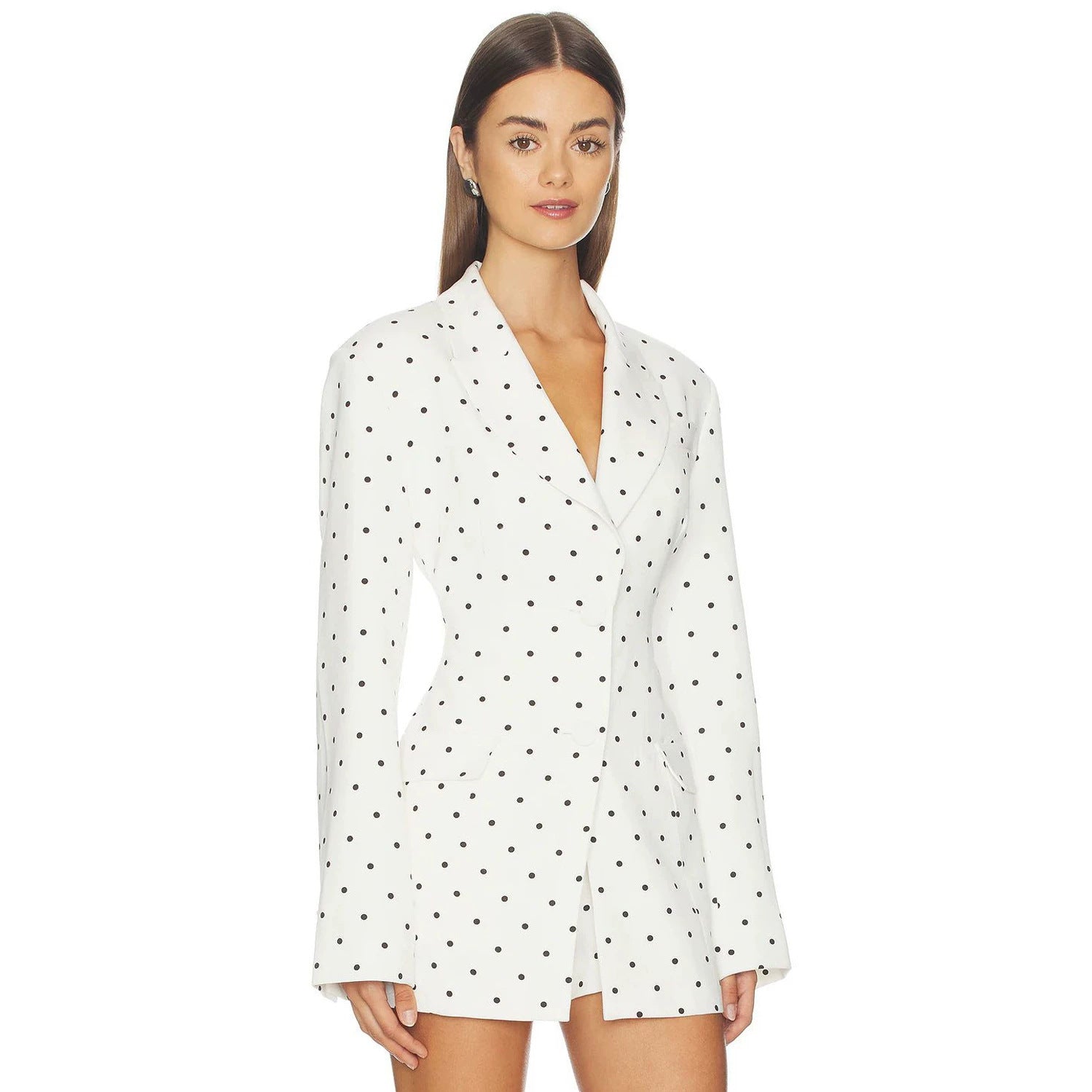 Women Clothing Coat Suit Elegant White Polka Dot Collared Waist Tight Slimming Suit
