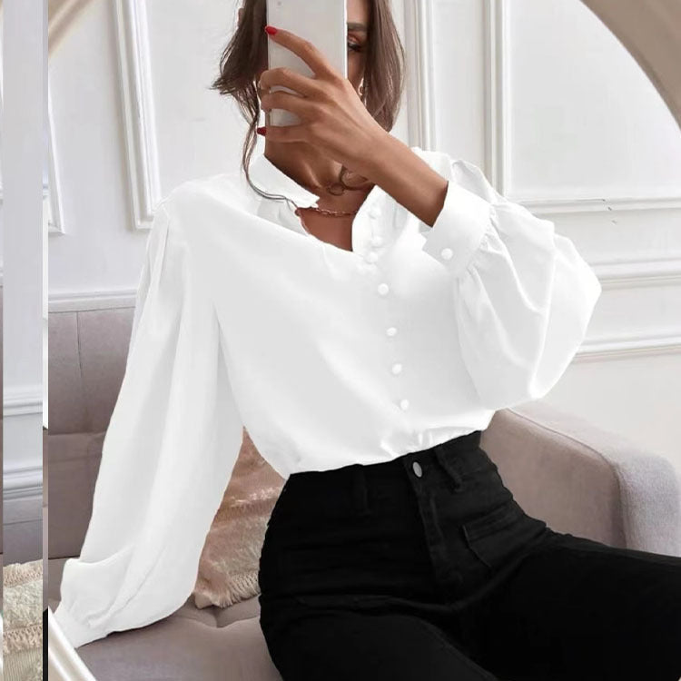 Women's Shirt Autumn Elegant Solid Color Collared Long Sleeve Single Row Button Loose Women Top