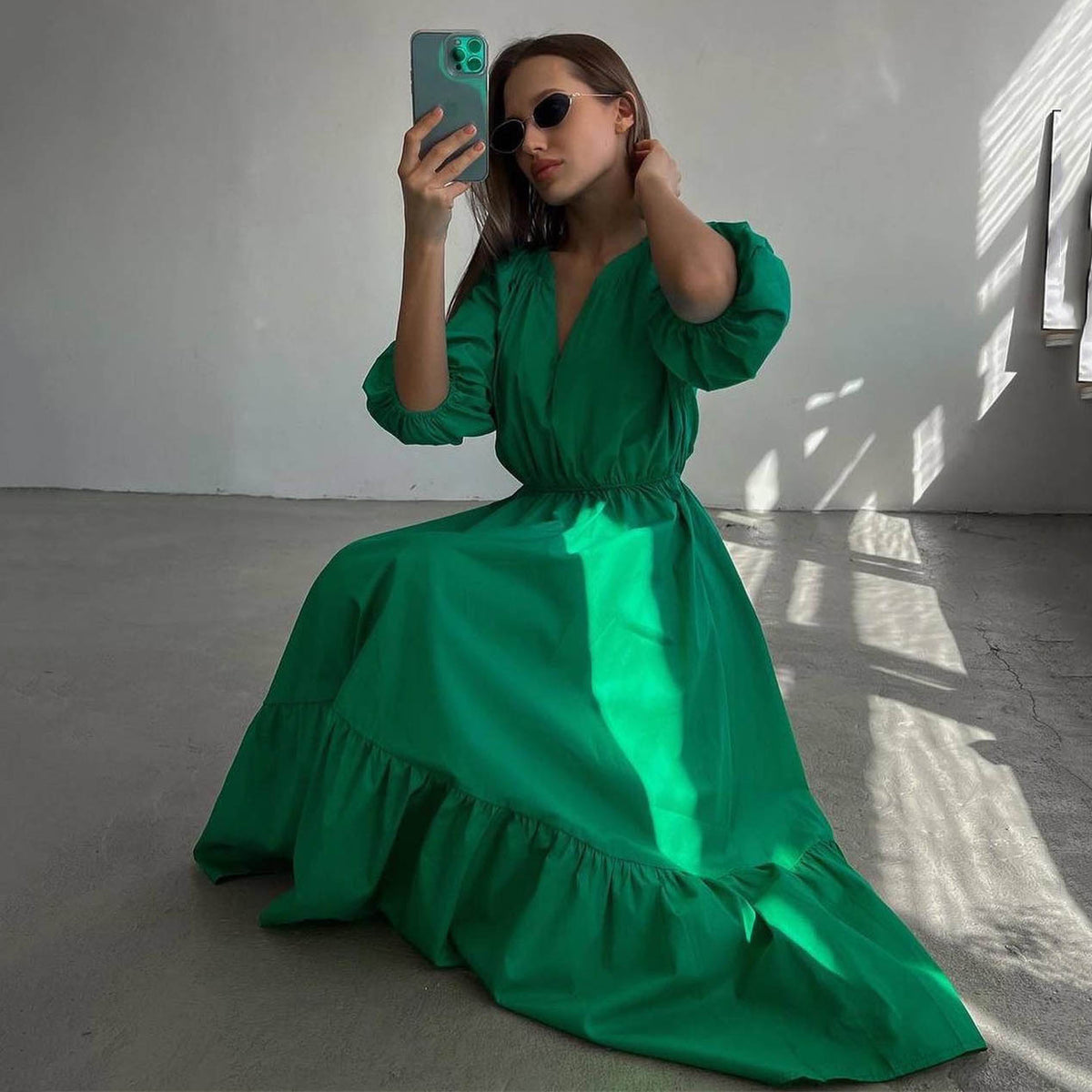 V-Neck Dress Office High-Waist French Half Sleeve A-Line Casual