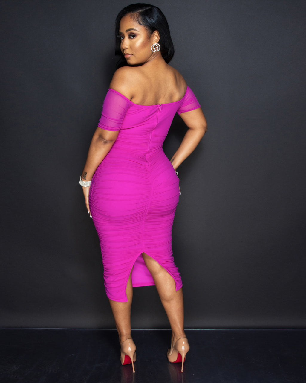 Uniforms Mesh Pleats Split Off-Shoulder Dress