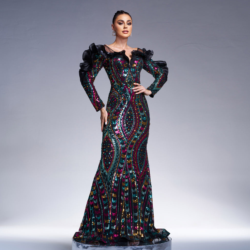 Women's Long Sleeve V Neck Hollow Out Cutout Out Long Sequined Cocktail Fishtail Evening Dress Bridesmaid Dress Women