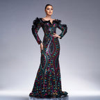 Women's Long Sleeve V Neck Hollow Out Cutout Out Long Sequined Cocktail Fishtail Evening Dress Bridesmaid Dress Women