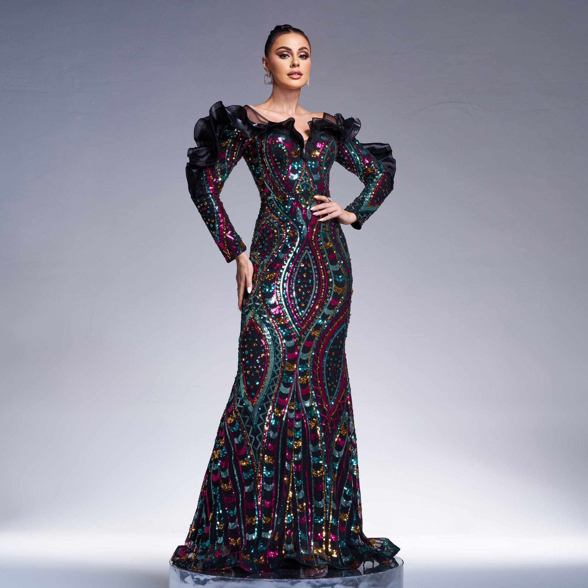 Women's Long Sleeve V Neck Hollow Out Cutout Out Long Sequined Cocktail Fishtail Evening Dress Bridesmaid Dress Women