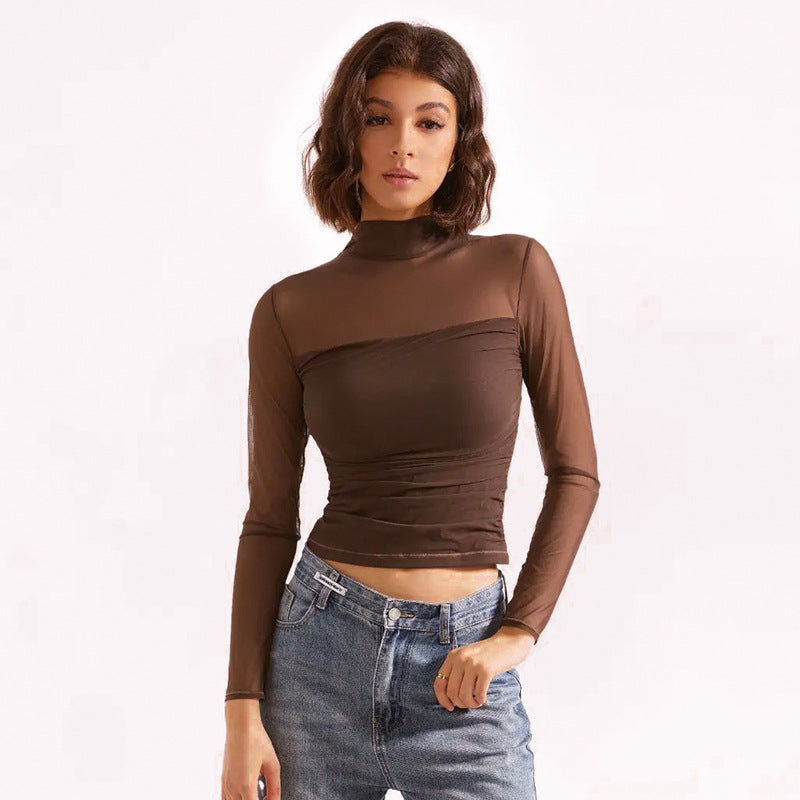 Women's Turtleneck Sheer Mesh Long Sleeve Crop Top
