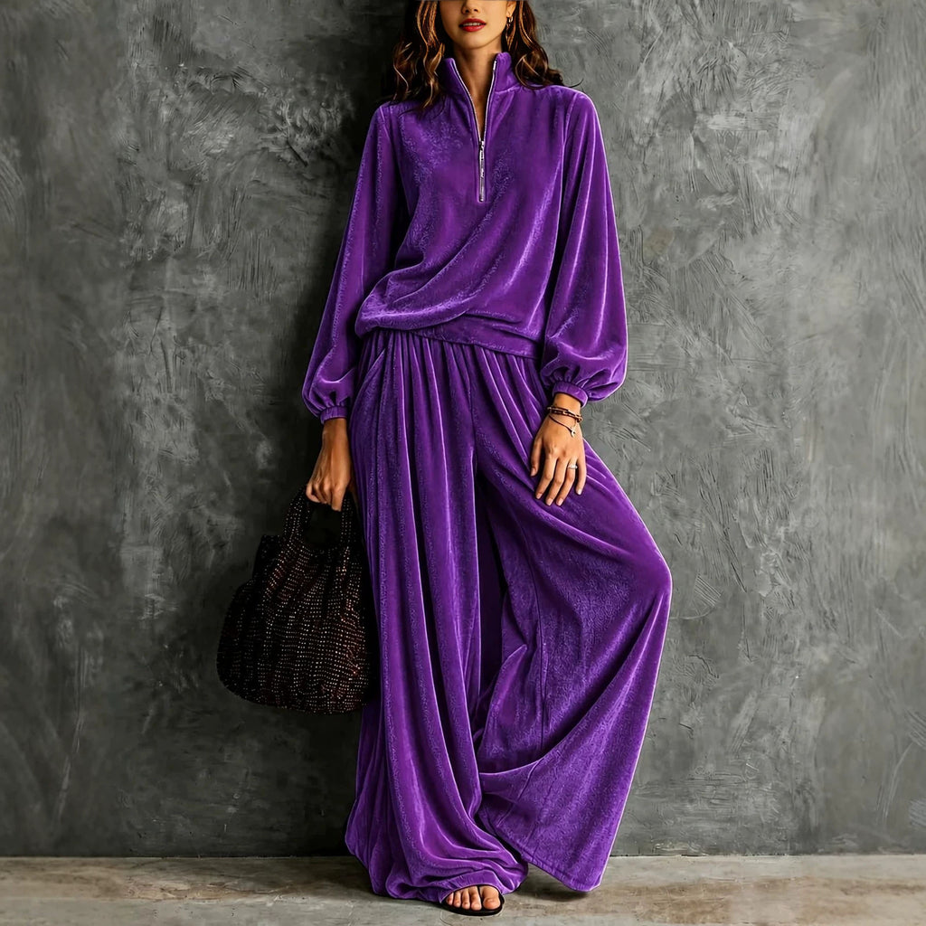 Autumn Winter Loose Long Sleeve Sweatershirt Wide Leg Pants Two Piece Women Clothing Velvet Casual Two Piece Sets