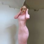 High-Neck Lace-Detail Long-Sleeve Knit Bodycon Maxi Dress
