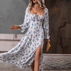 Women's Square Collar Floral Dress Elegant High Waist Dress For