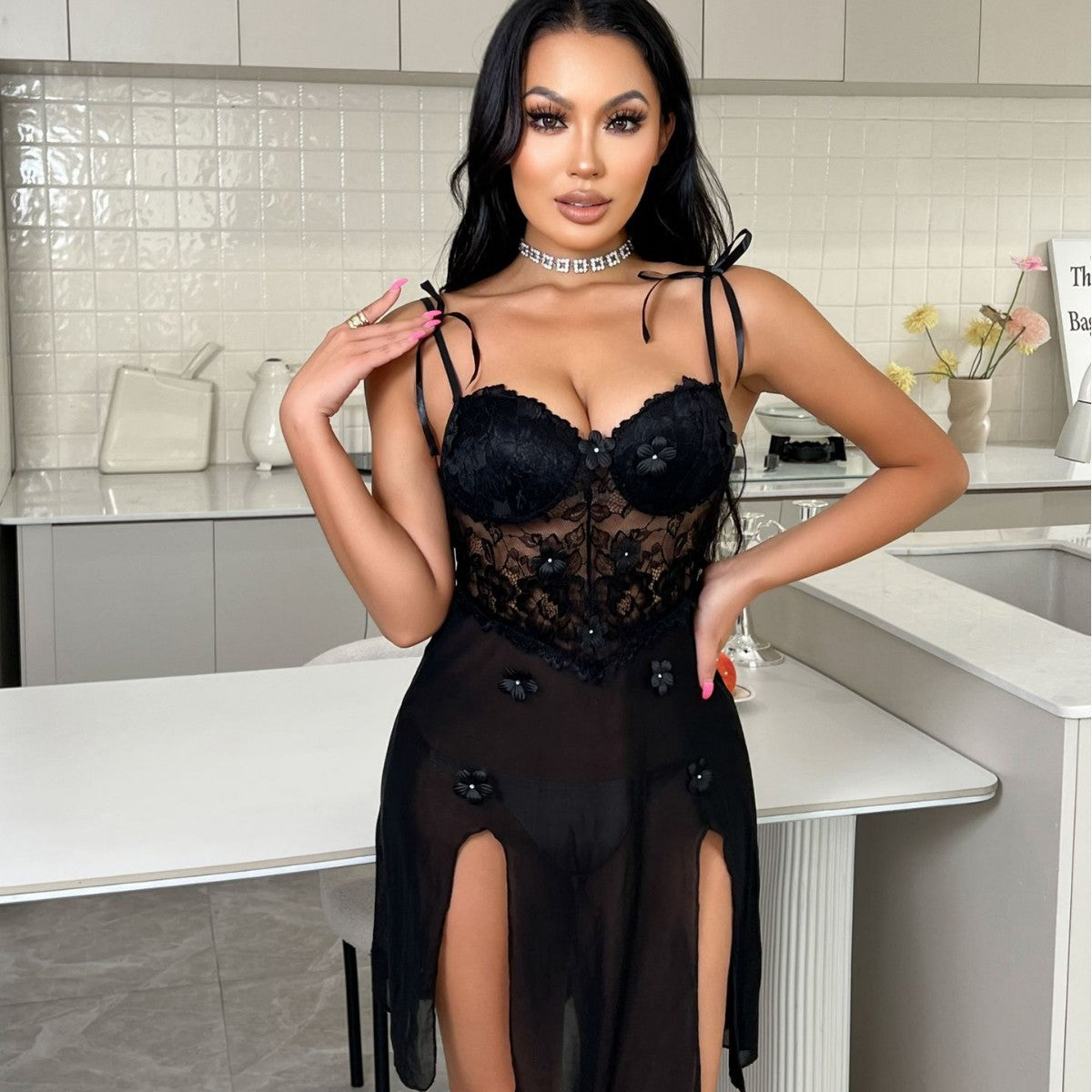 Sexy Lingerie Sling Lace See through Nightdress Mesh Sexy Split Sexy Dress