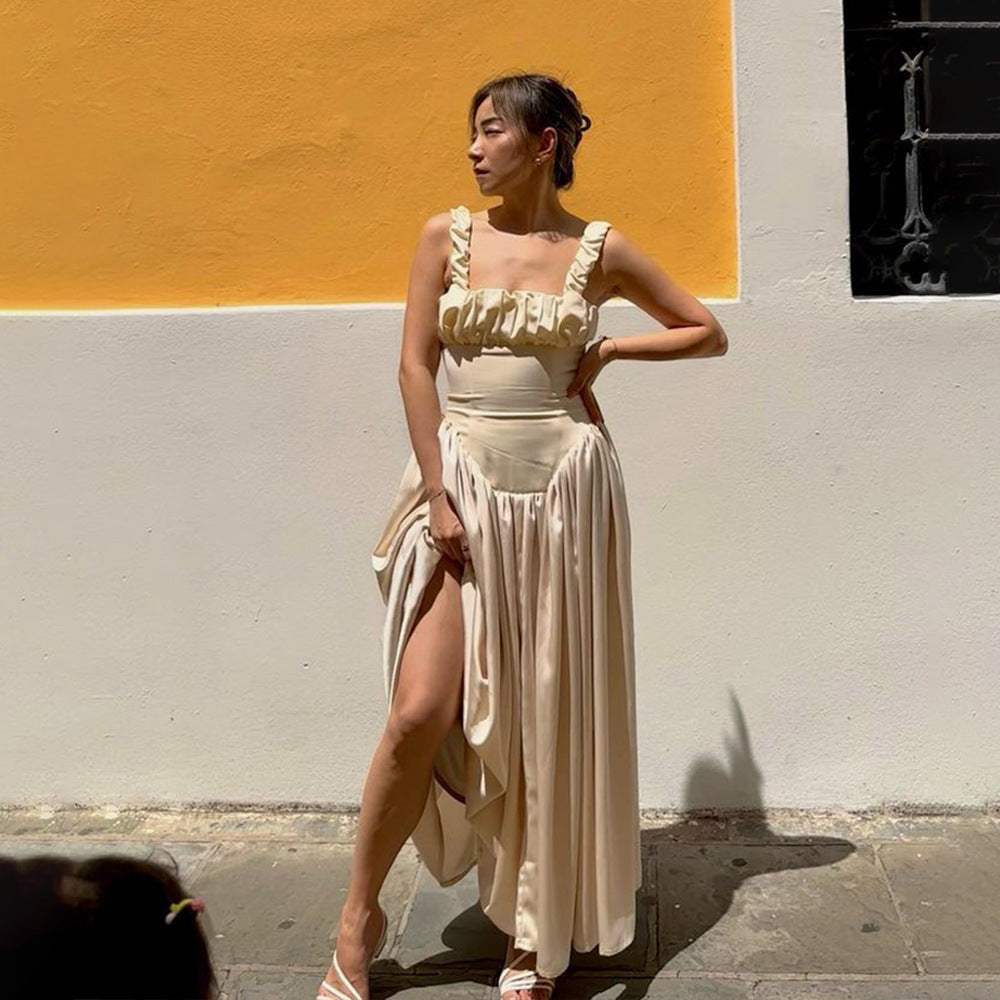 Spaghetti-Strap Satin A-Line Maxi Dress