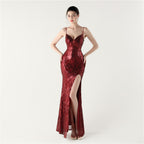 Women's Sequined Evening V Neck Spaghetti Strap Cross Strap Dress