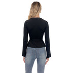 Women's French Minority Design Top Women Black V Neck Long Sleeve Nipped Waist Knit Sweater Chest Lace Up Golden Ring Decoration