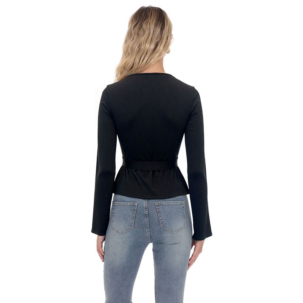 Women's French Minority Design Top Women Black V Neck Long Sleeve Nipped Waist Knit Sweater Chest Lace Up Golden Ring Decoration