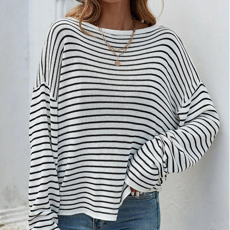Women's Striped Long Sleeve Backless Cross Top
