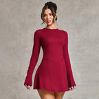 Women's Burgundy Backless Long-Sleeve A-Line Dress
