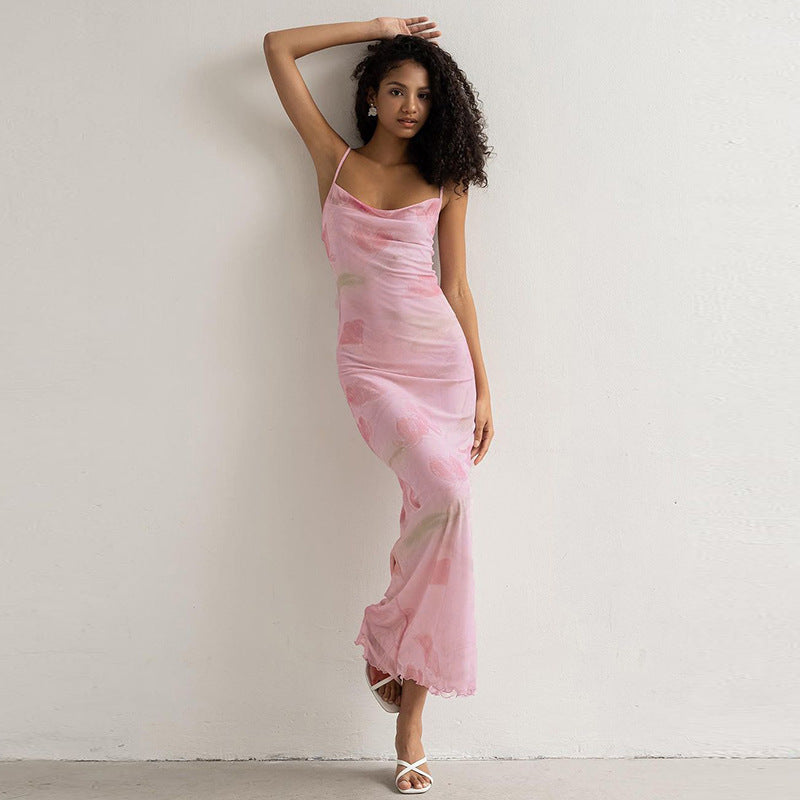 Summer Sweet Spicy Off-Neck Mesh Floral Print Long Strappy Dress