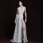 White Halter Lace Maxi Dress Deep V Plunge Twist Waist Split Sexy Backless Dress