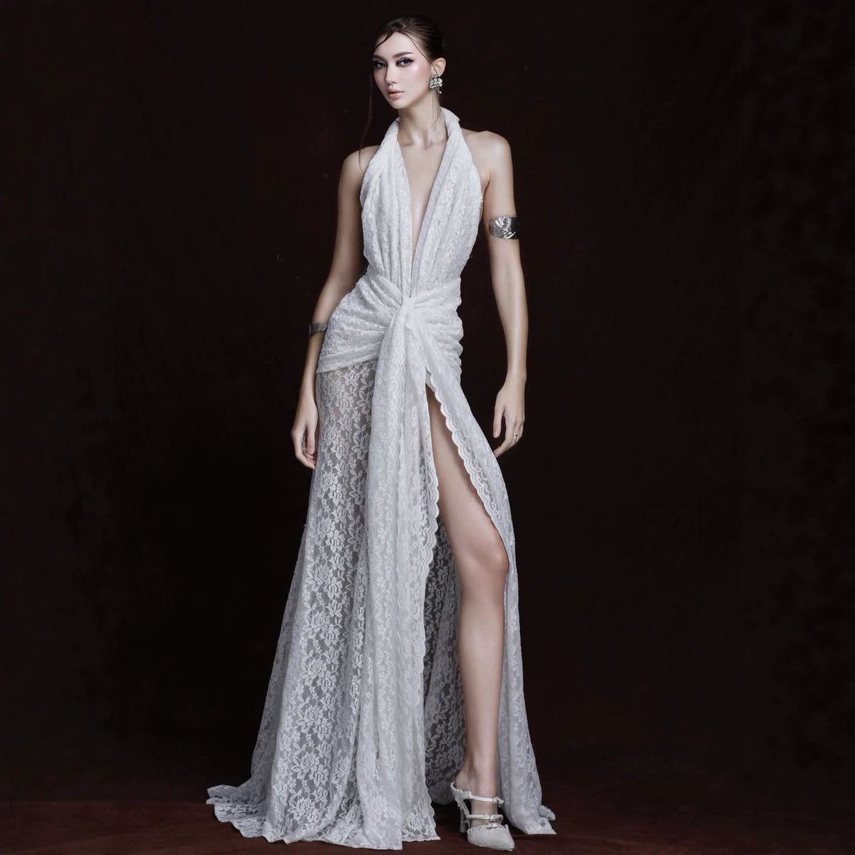 White Halter Lace Maxi Dress Deep V Plunge Twist Waist Split Sexy Backless Dress