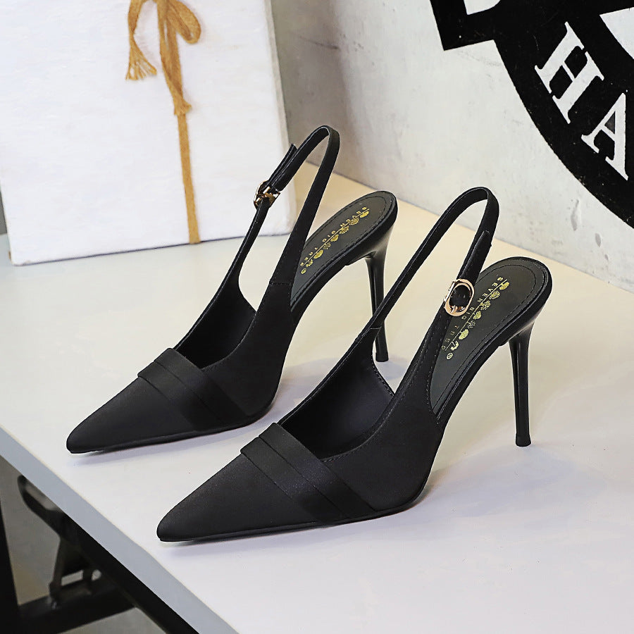 Women's French Satin Stiletto Heel High Heel Shoes Pointed Toe Shallow Mouth Back