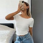 Summer White Lace Backless Short Sleeve T shirt Slim Short Inner Top for Women