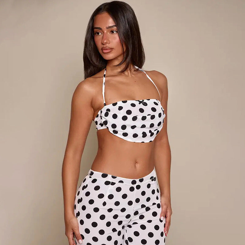 Women Clothing Summer Polka Dot Print SL Halter Tied Top