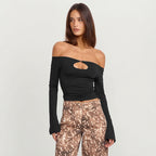 Autumn Off-Neck Cutout Flared Long Sleeve Backless Slim
