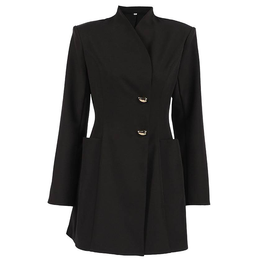 Black High-Collar Button Long-Sleeve A-Line Mini Dress