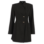 Black High-Collar Button Long-Sleeve A-Line Mini Dress