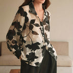 Retro Ink Floral Leaf Printed Shirt Women Collared Loose See through Long Sleeve Office Floral Shirt