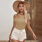 Women's Knitted Shoulder Hollow Out Cutout Out Slim Fit Slimming T