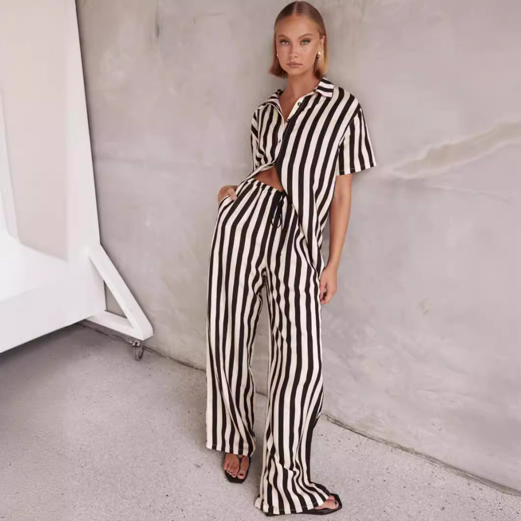 Women's Polo Collar Striped Color Matching Short Top