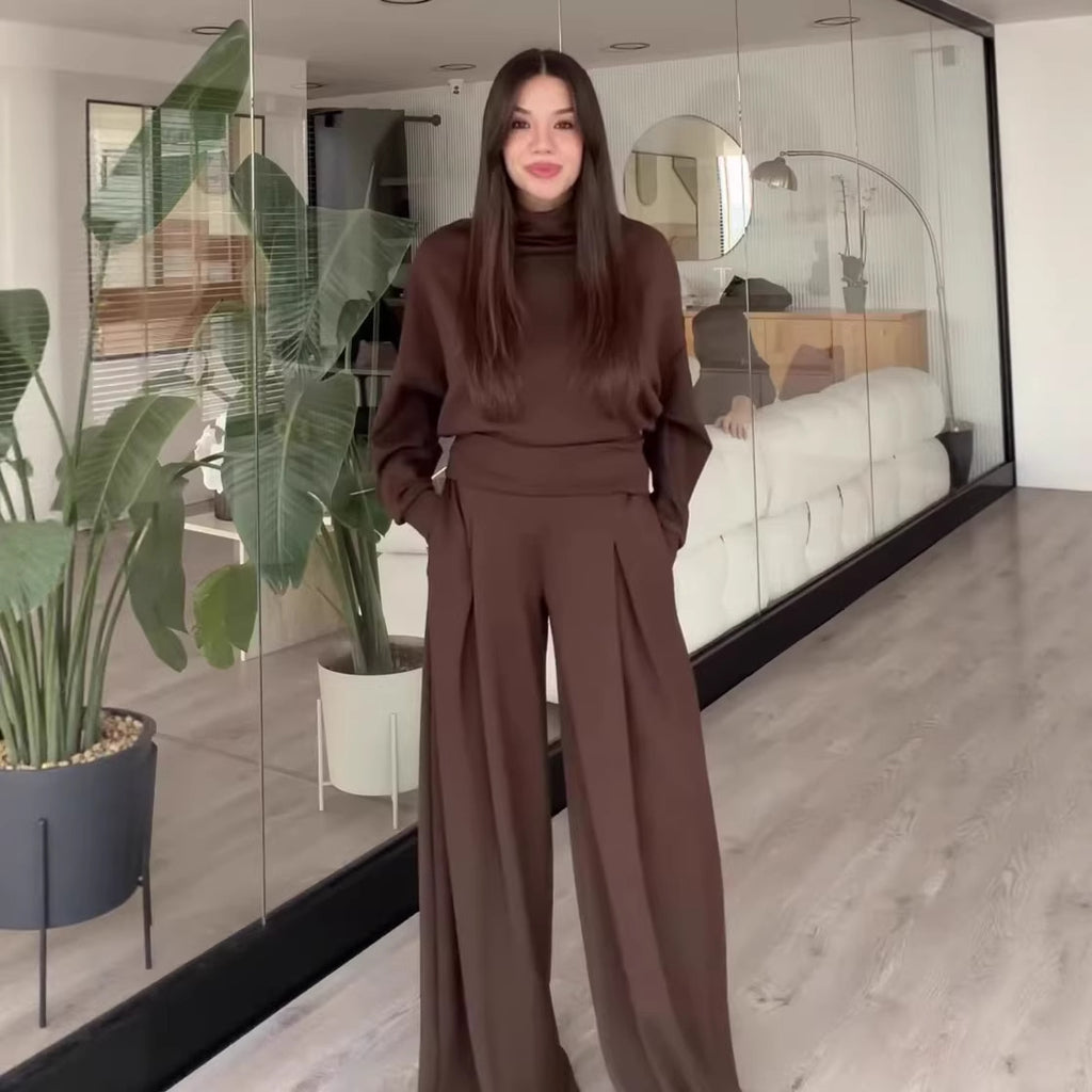 Half High Collar Long Sleeves Top High-Waist Wide Leg Pants Trousers