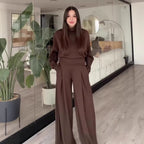 Half High Collar Long Sleeves Top High-Waist Wide Leg Pants Trousers