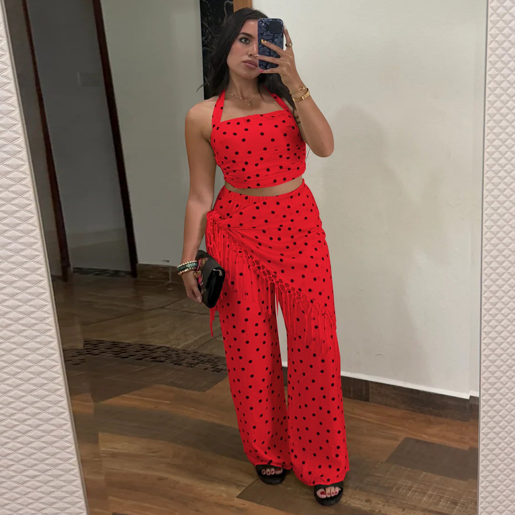 Women Clothing Polka Dot Print Halter Backless Tube Top Tassel Trousers Set