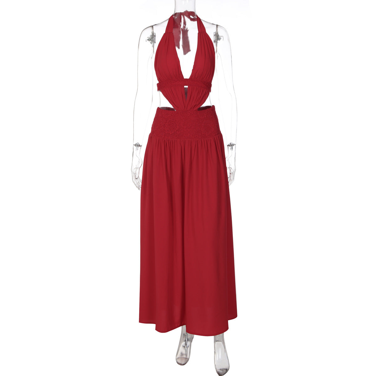 Red halter backless dress with lace trim and gathered bodice, midi length