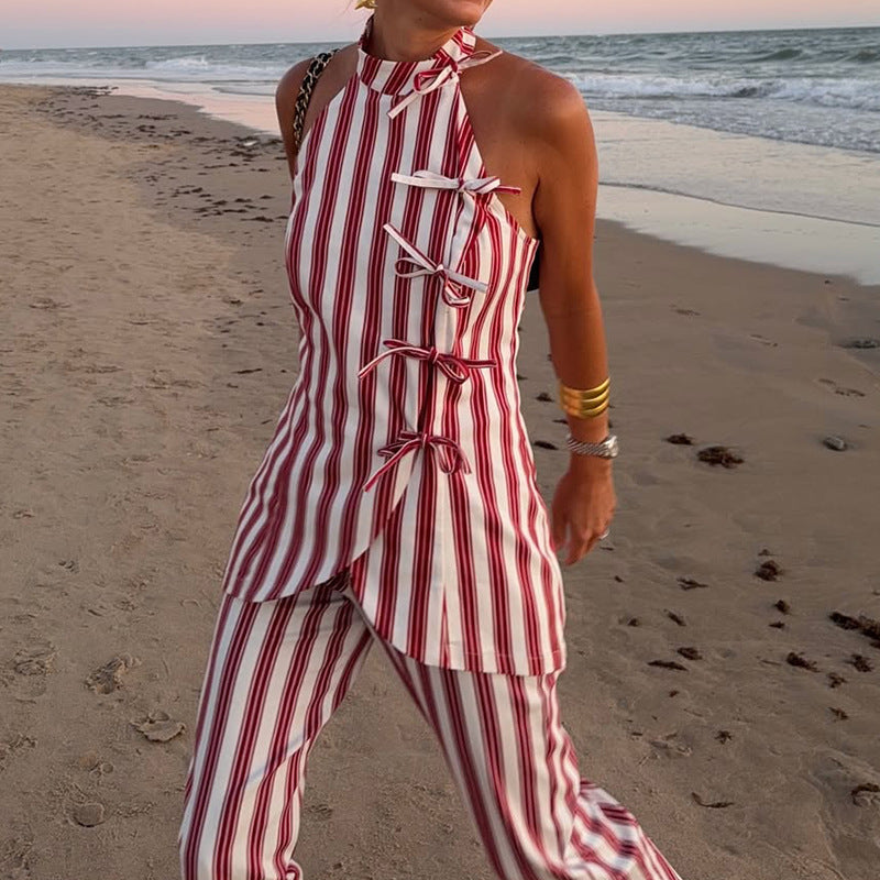Vacation Striped Women Summer Halter Sleeveless Bow Lace up Trousers Casual Two Piece Set