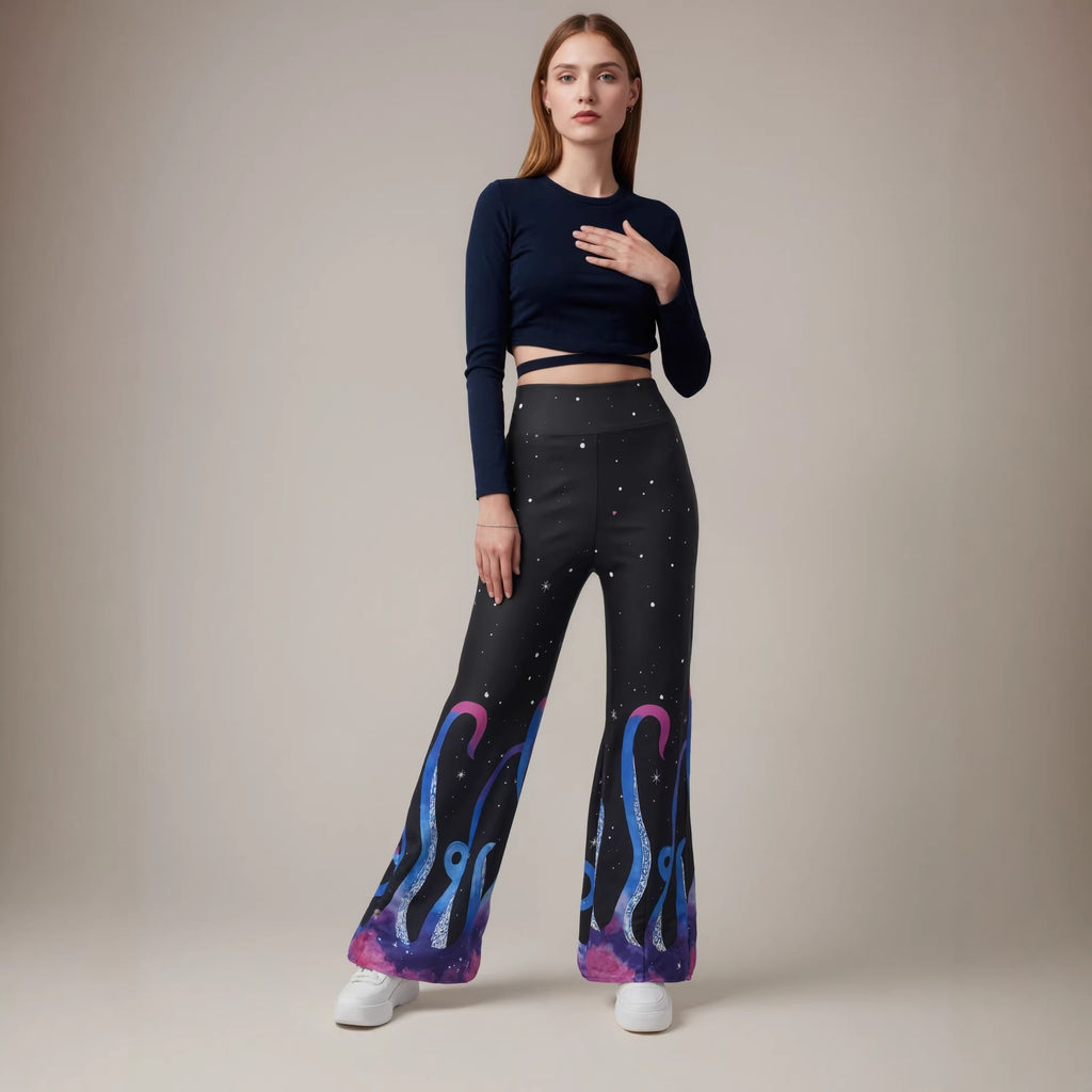 Women's Summer Pattern Thin Bell Bottom Pants Starry Sky Printed Knitted Trousers Trendy Wide Leg Pants For Women